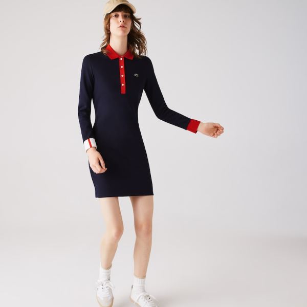 Lacoste Made In France Stretch Cotton Jersey Polo Dress Dámské - Šaty Tmavě Blankyt Blankyt / Červen